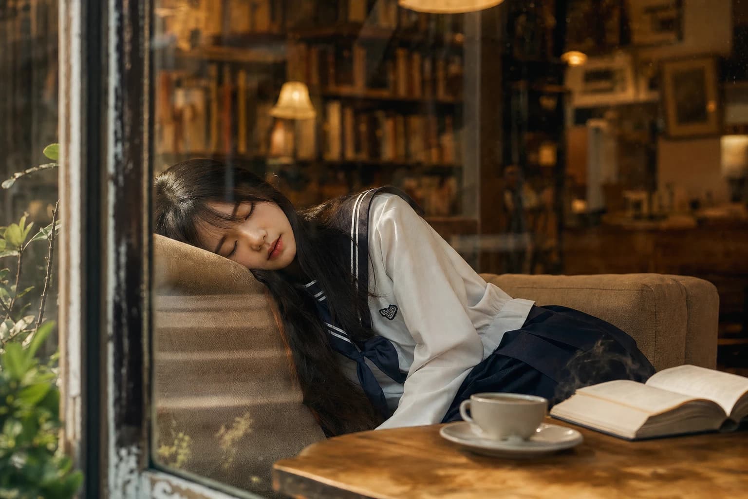ガラス越しに眠るセーラー服の女教師AI画像プロンプト作例