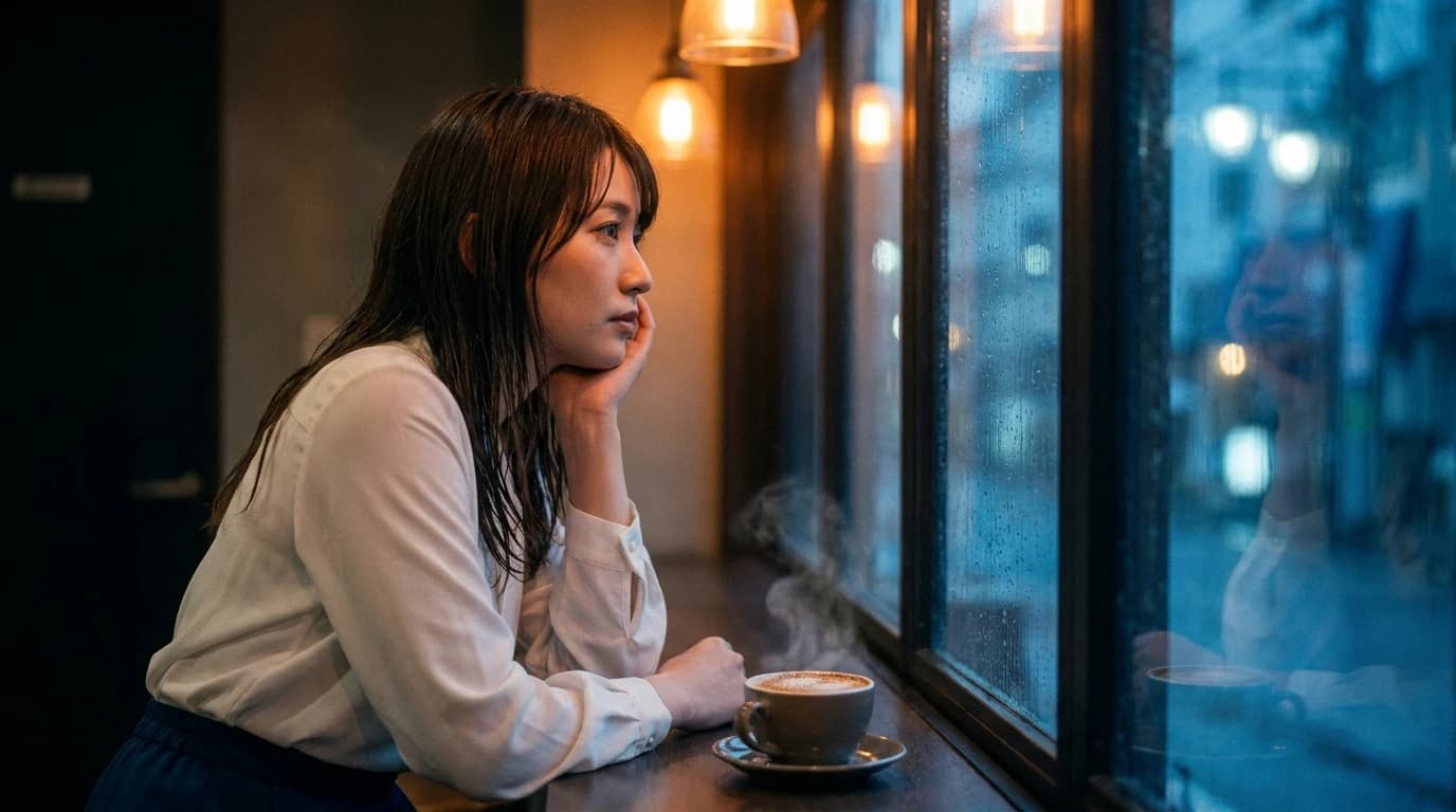湯気立つコーヒーと受付嬢のカフェAI画像プロンプト作例