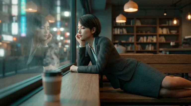 カフェのガラス越しで横たわるスーツ女性のAI画像プロンプト