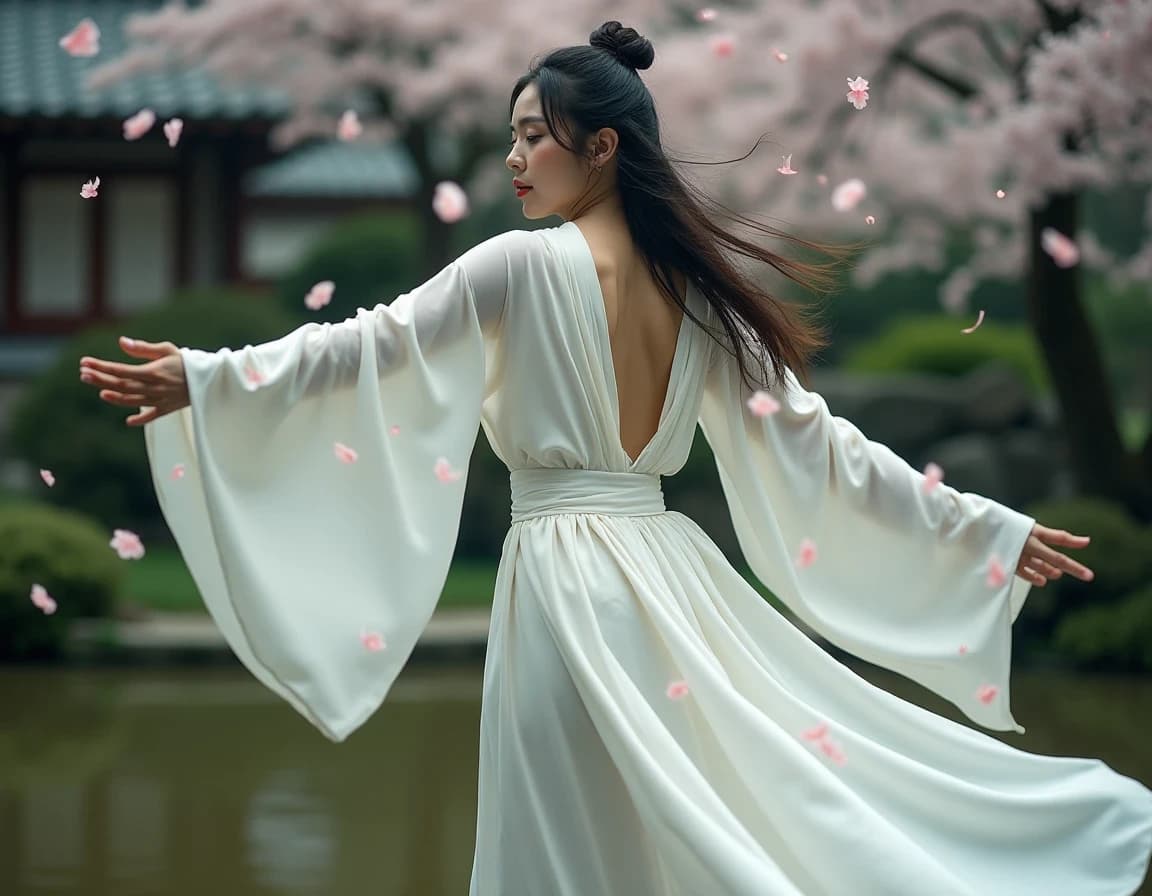 桜舞う日本庭園で舞う天女のAI画像プロンプト|羽衣の雅な所作