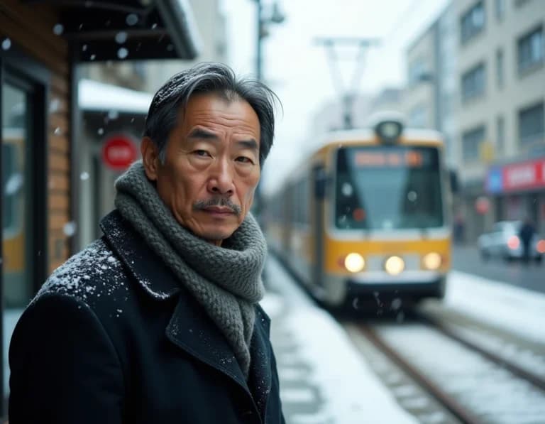 路面電車を待つ会社員のAI画像プロンプト集【雪の朝・マフラー】