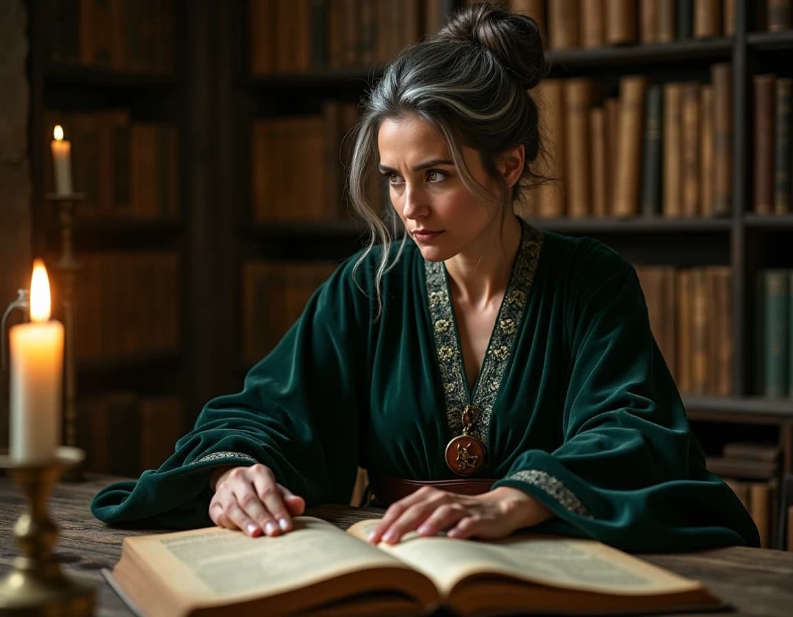 古城の図書室で魔法書を読む魔女のAI画像プロンプト集【蝋燭と古書】
