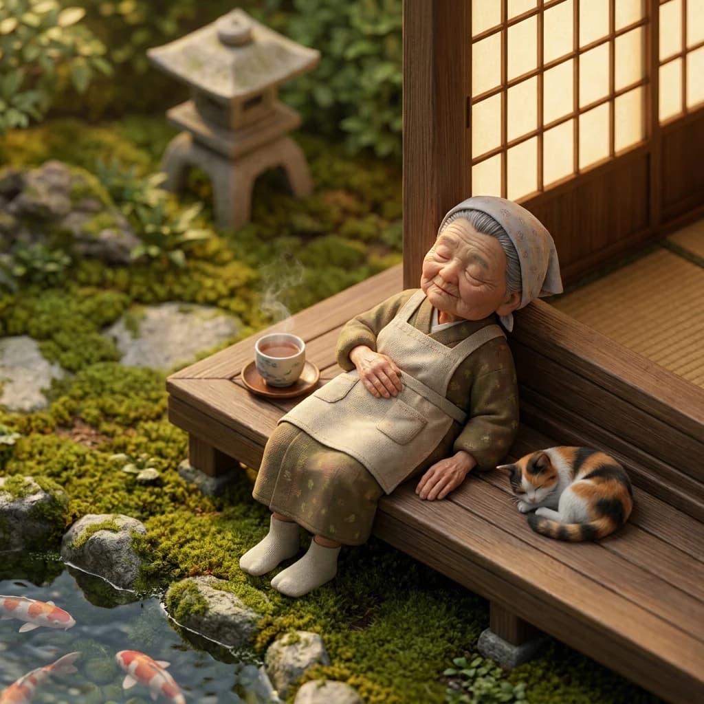 縁側で前掛けのおばあちゃんが寝るAI画像プロンプト作例