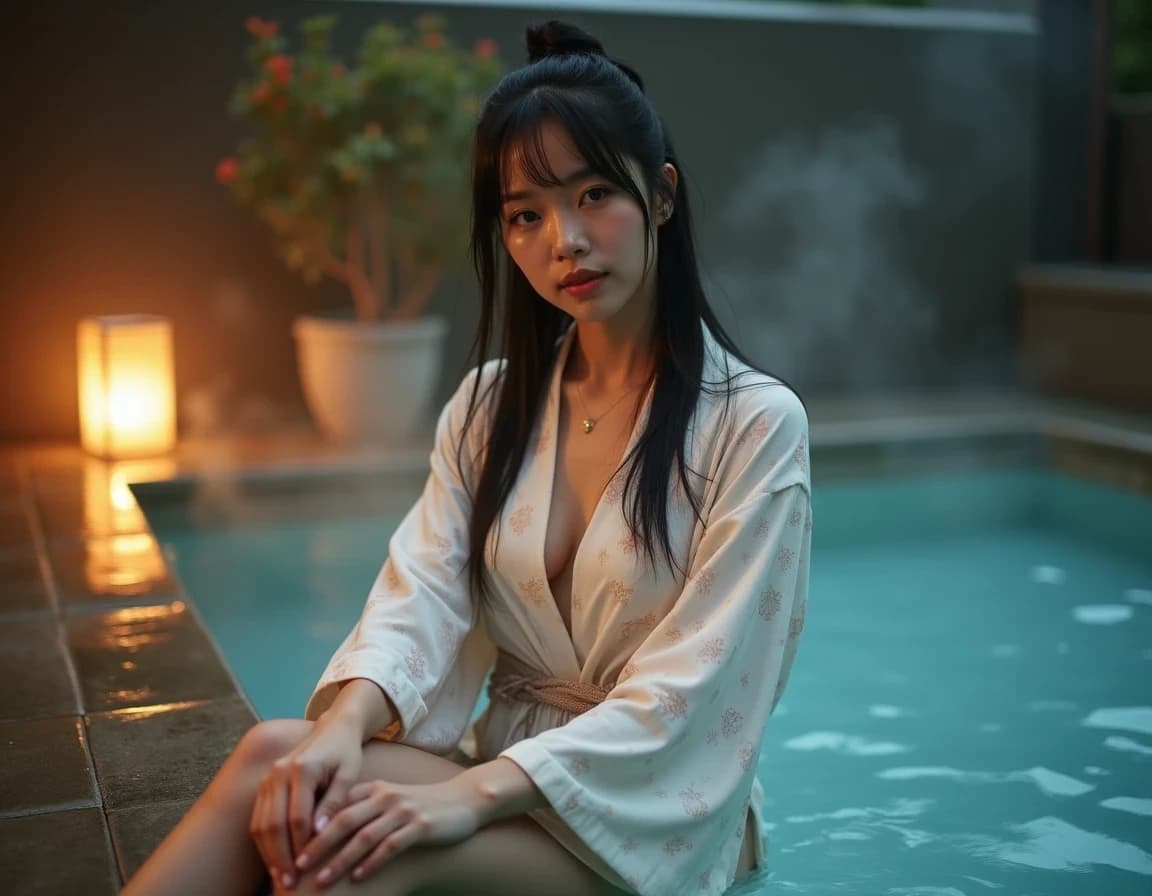 露天風呂の縁に座る浴衣女性のAI画像プロンプト作例