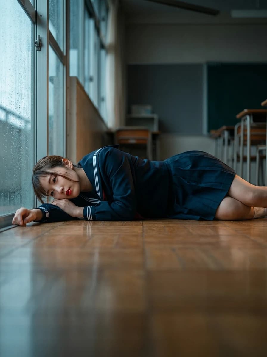 ガラス越しに横たわるセーラー服女教師のAI画像プロンプト作例