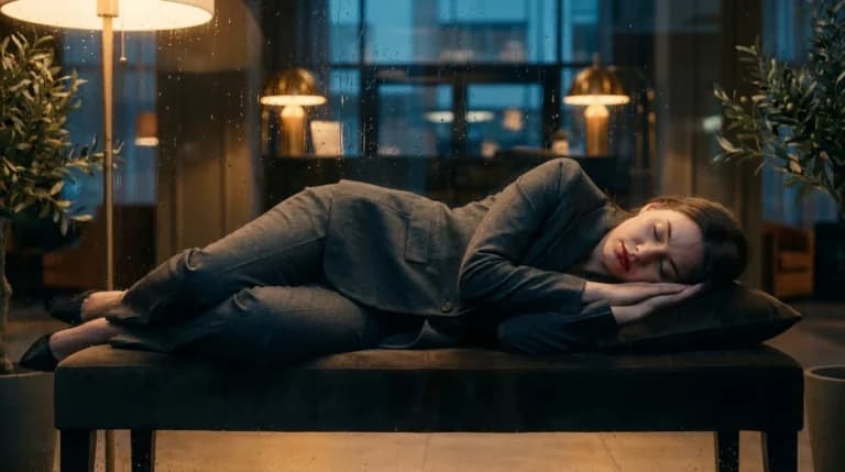 ガラス越しに眠るスーツ女性のAI画像プロンプト作例