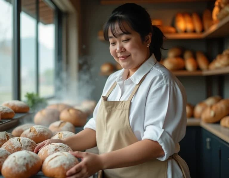 パン屋のカウンターで働くエプロン店員のAI画像プロンプト作例
