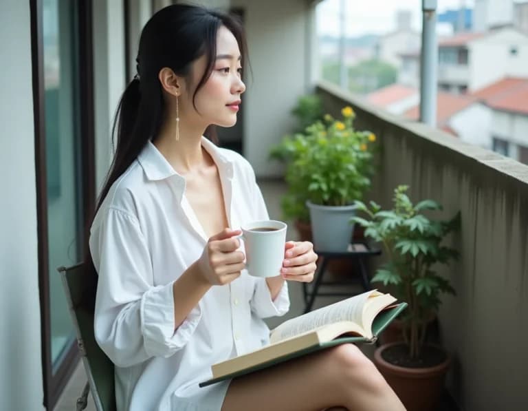 ベランダで読書するワイシャツ女性のAI画像プロンプト作例【朝コーヒー】