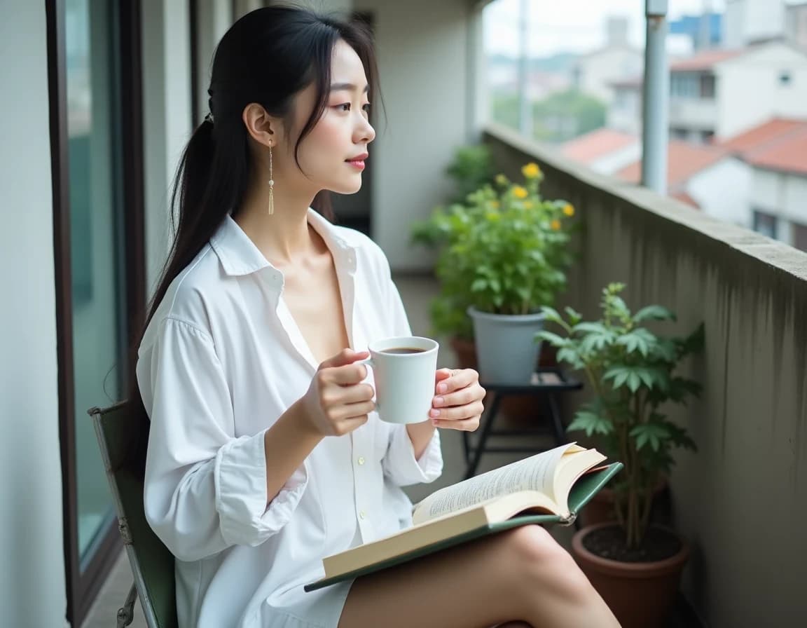 ベランダで読書するワイシャツ女性のAI画像プロンプト作例【朝コーヒー】