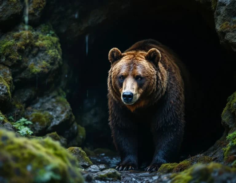 洞窟の入口に佇むヒグマのAI画像プロンプト集【雨上がり】