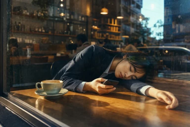 カフェの窓辺で眠るスーツ女性のAI画像プロンプト作例