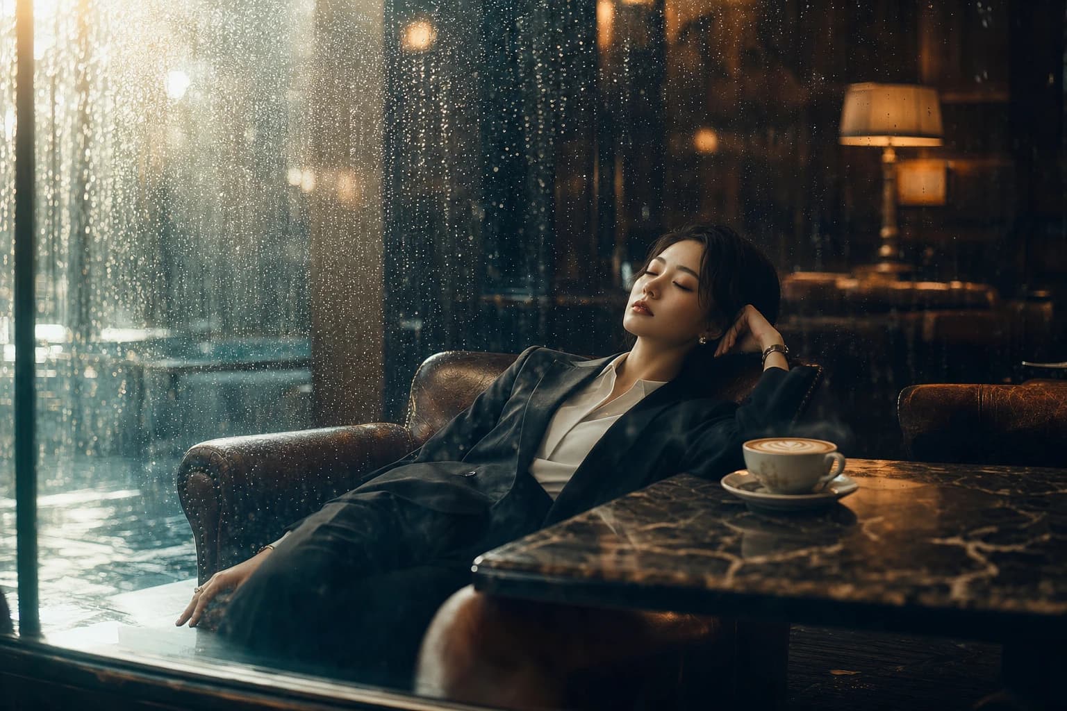 カフェのガラス越しスーツ女性のAI画像プロンプト作例