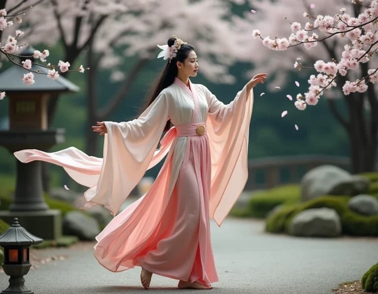 桜舞う日本庭園で舞う天女のAI画像プロンプト作例