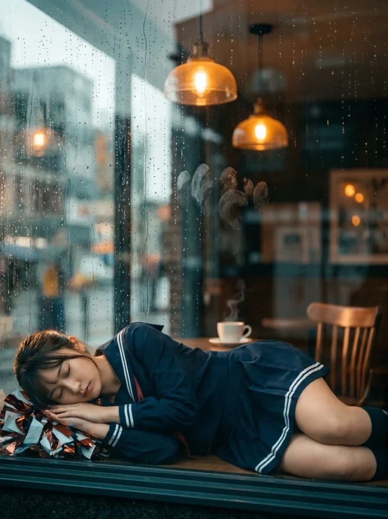 ガラス越しに横たわるセーラー服チアのAI画像プロンプト