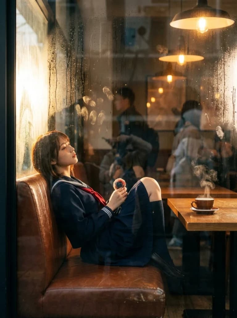 ガラス越しに横たわるセーラー服のチアのAI画像プロンプト作例