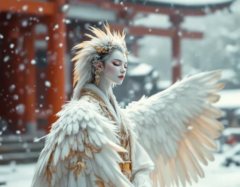 朱色の鳥居と鶴の精霊が舞う雪原AI画像プロンプト集
