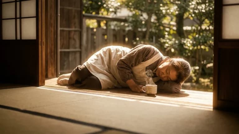 縁側で前掛けのおばあちゃんが昼寝するAI画像プロンプト