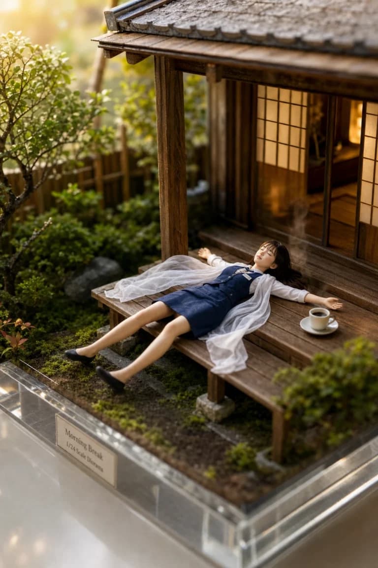縁側の羽衣と湯気のコーヒーで眠る受付嬢AIプロンプト