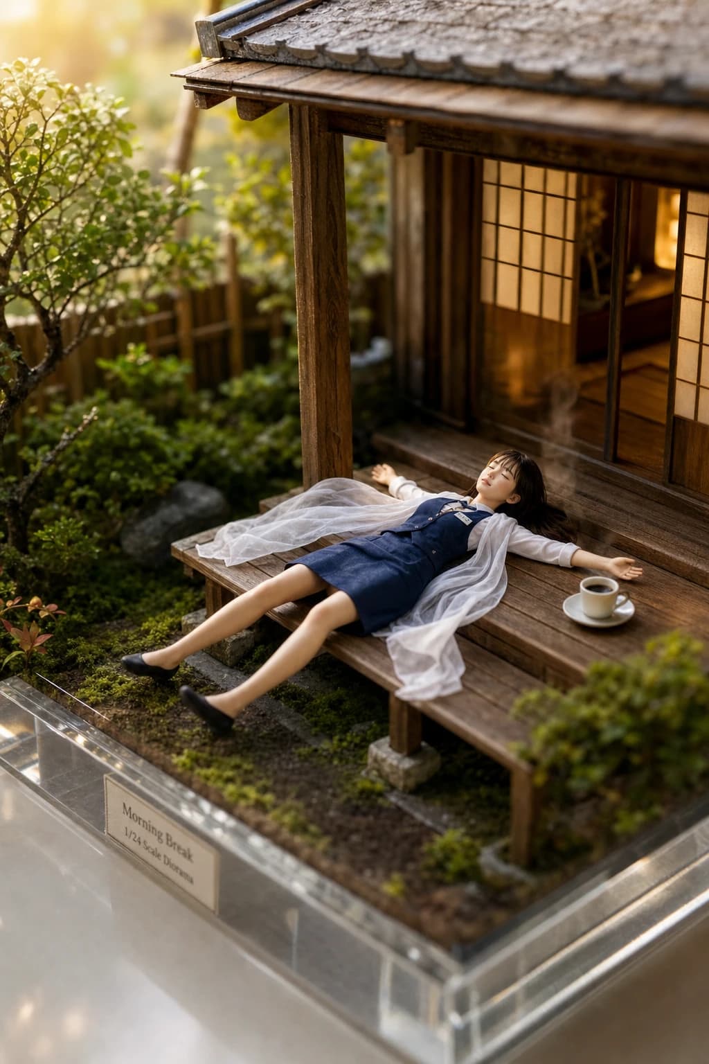 縁側の羽衣と湯気のコーヒーで眠る受付嬢AIプロンプト