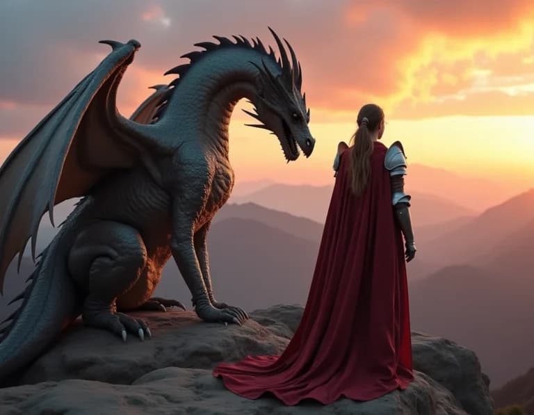 山頂の岩場でドラゴンと並ぶ女騎士のAI画像プロンプト作例