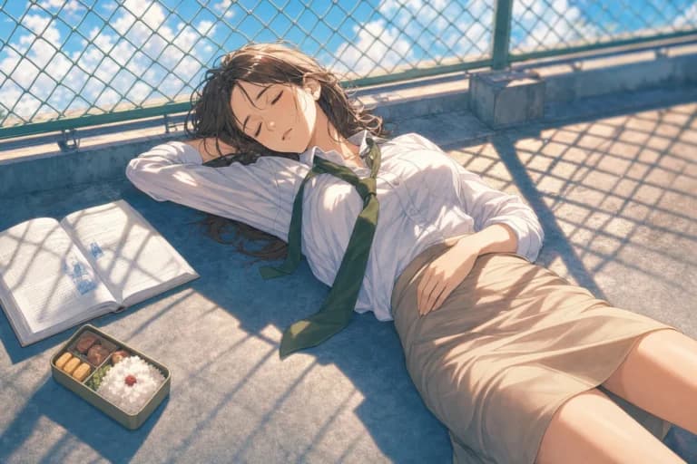 夏の屋上で眠る女教師のAI画像プロンプト作例