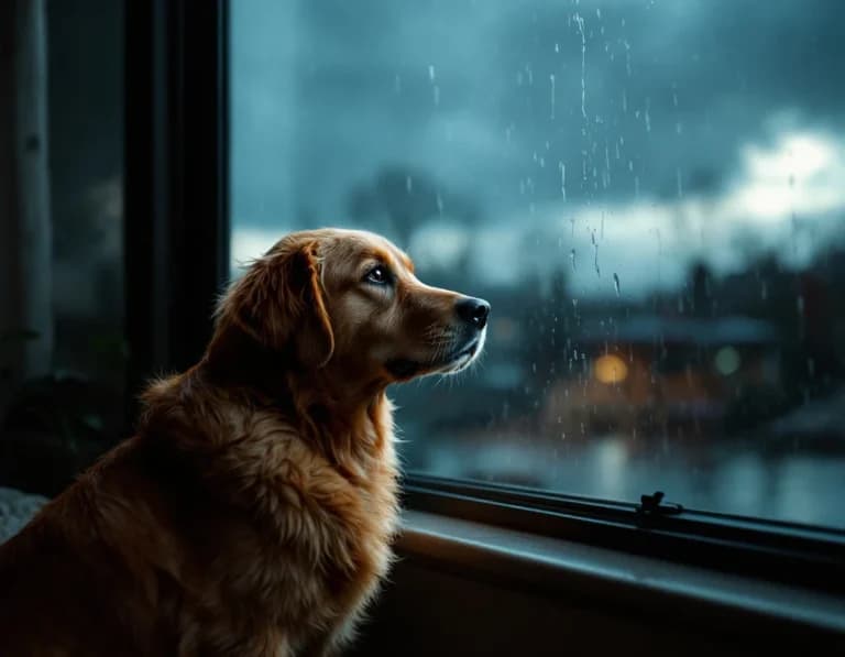 雷雨の窓から外を見るゴールデンレトリバーのAI画像プロンプト作例