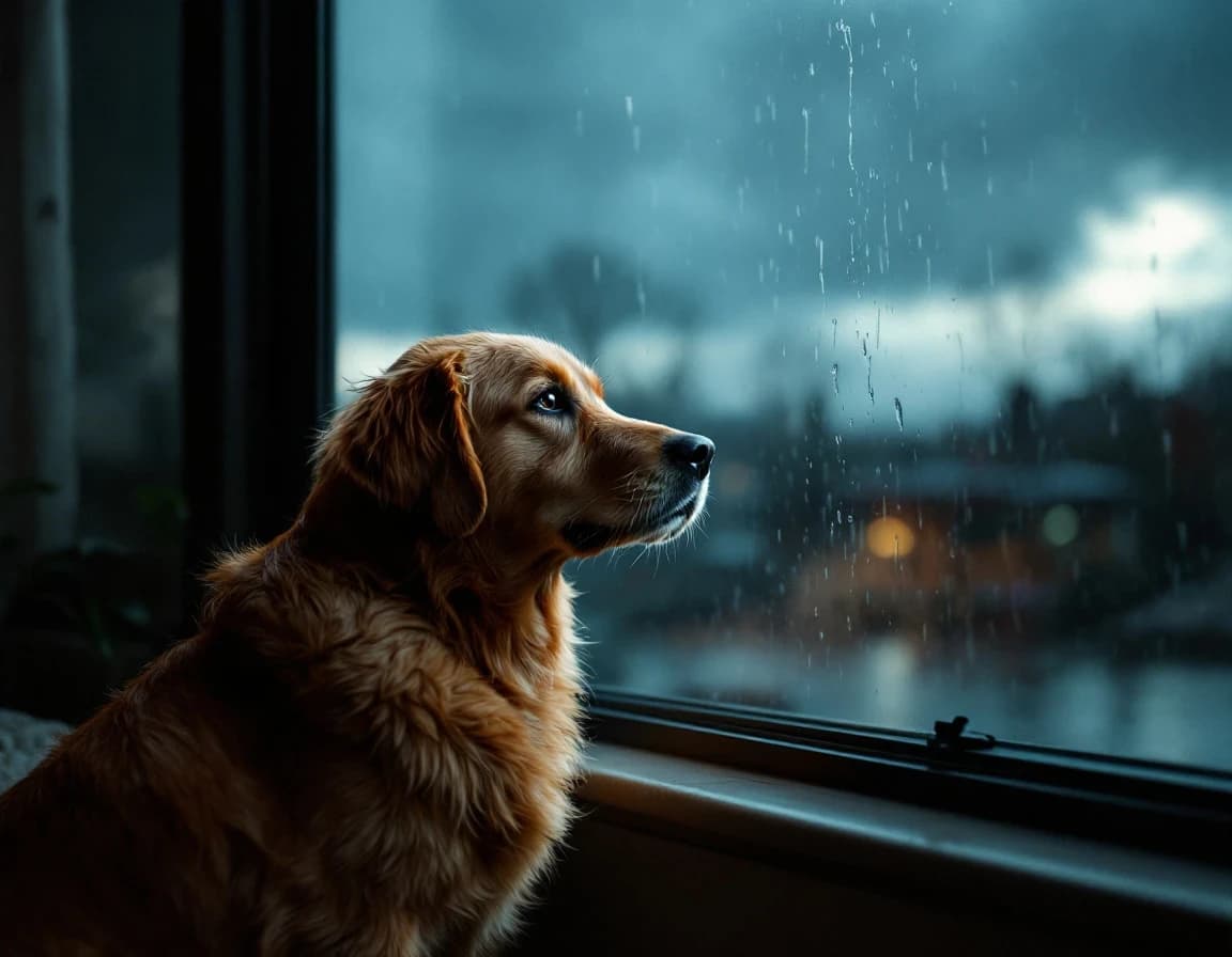 雷雨の窓から外を見るゴールデンレトリバーのAI画像プロンプト作例