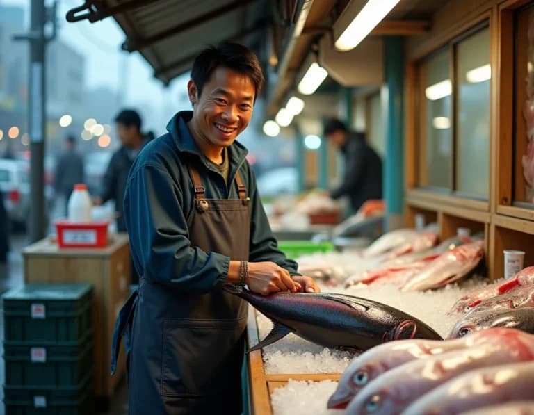 朝市の魚屋の若い店主のAI画像プロンプト作例【氷と魚】