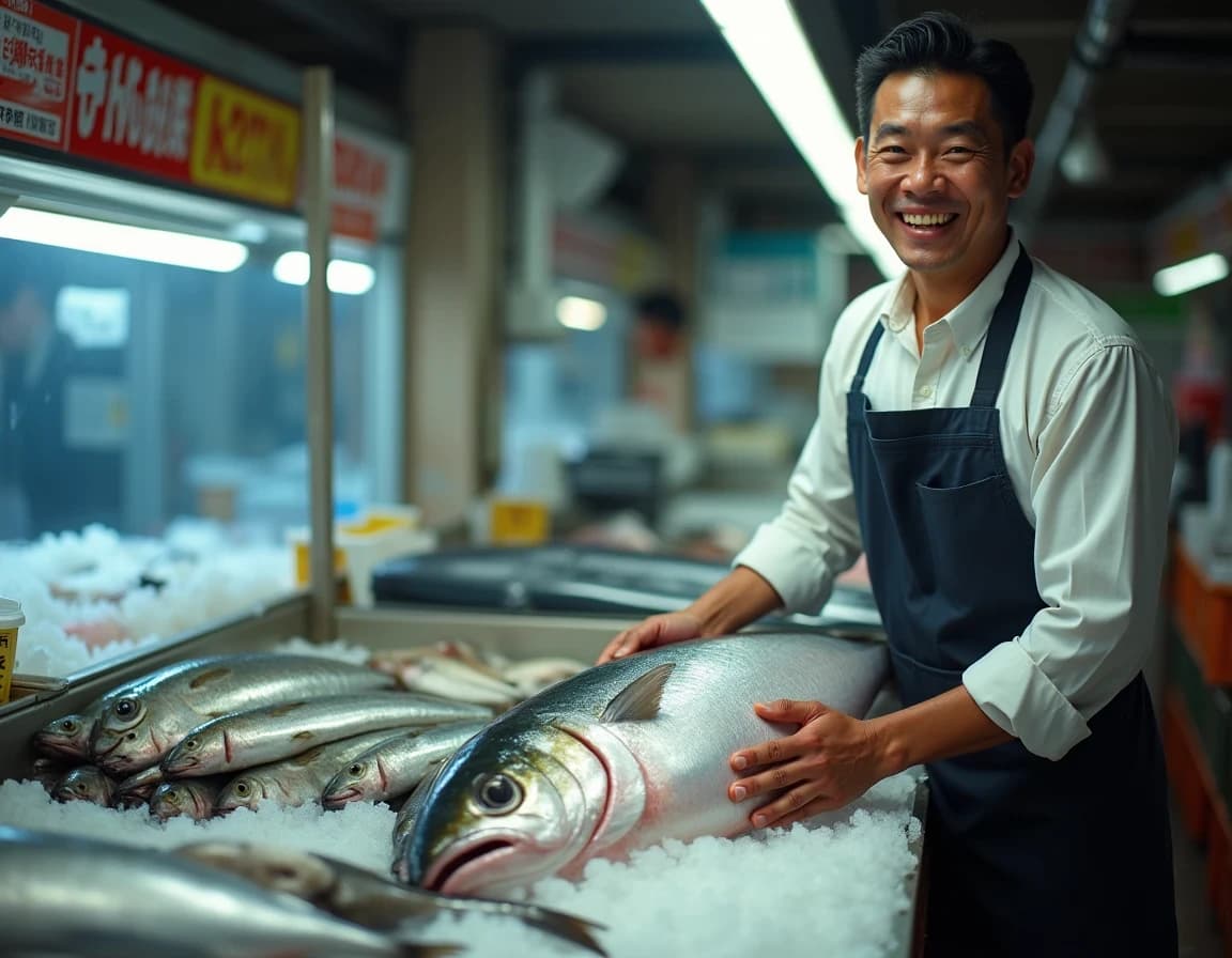 朝市の魚屋で笑顔の若い店主のAI画像プロンプト作例