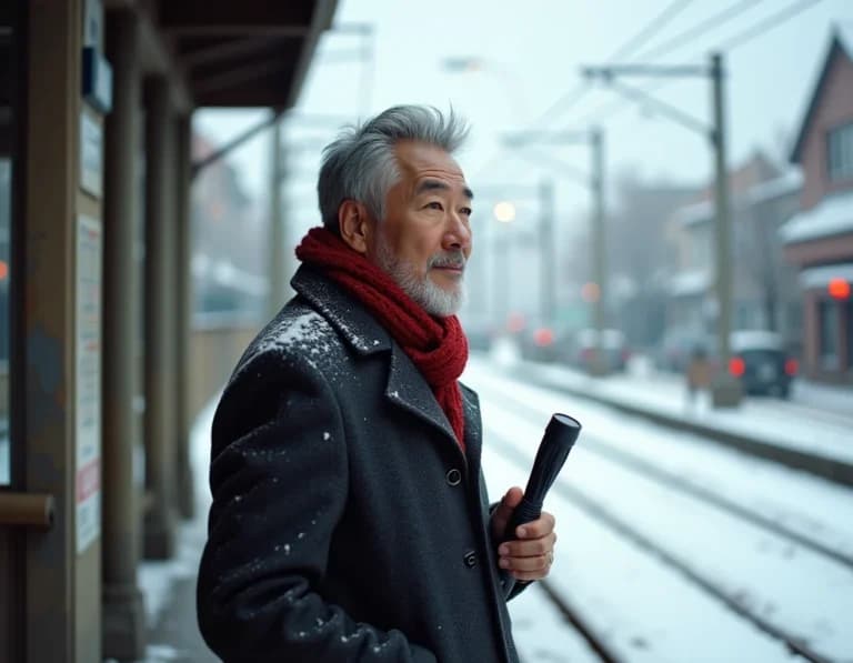 雪の朝に路面電車を待つ会社員のAI画像プロンプト作例