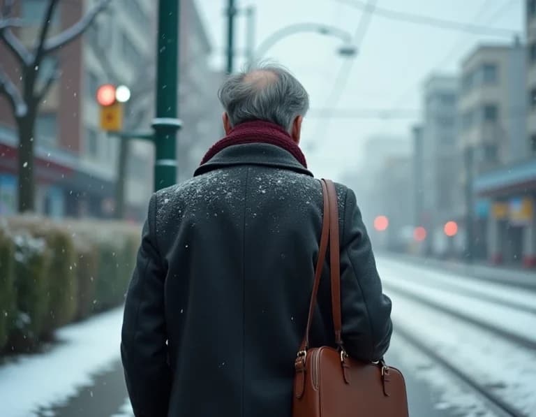 雪の朝に路面電車を待つ会社員のAI画像プロンプト
