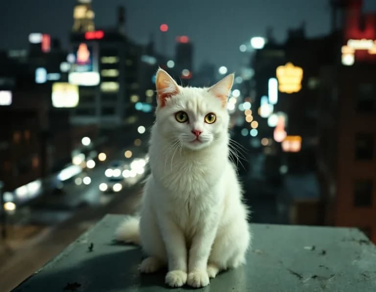 工場屋根に座る白猫の夜の俯瞰AI画像プロンプト