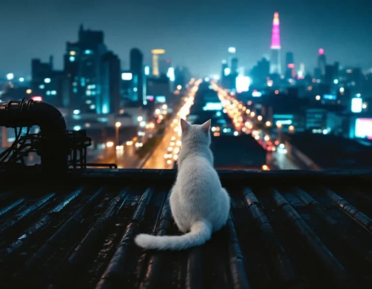 工場屋根に座る白猫のAI画像プロンプト作例【夜景俯瞰】