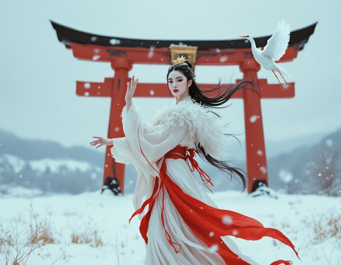 雪原に舞う鶴の精霊のAI画像プロンプト|朱色の鳥居