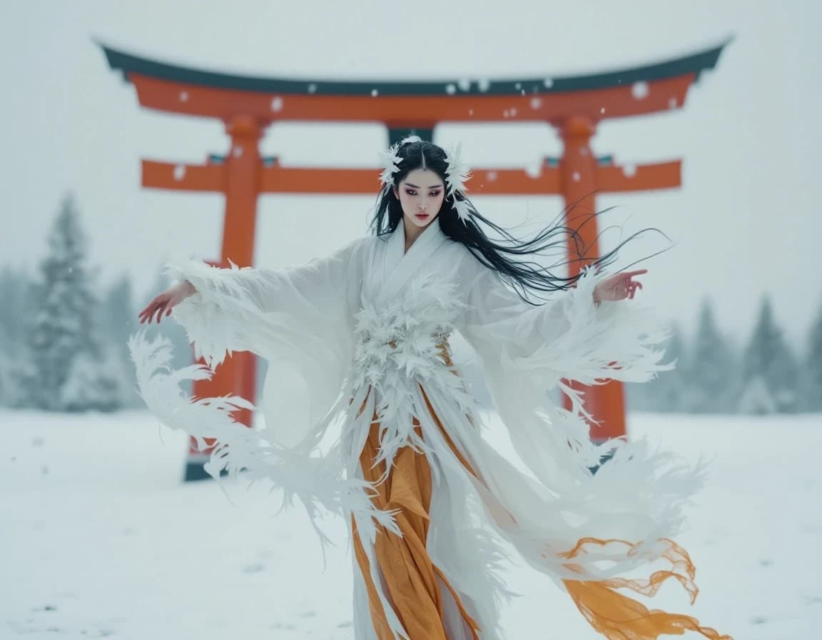 雪原に舞う鶴の精霊のAI画像プロンプト|朱色の鳥居と和風幻想