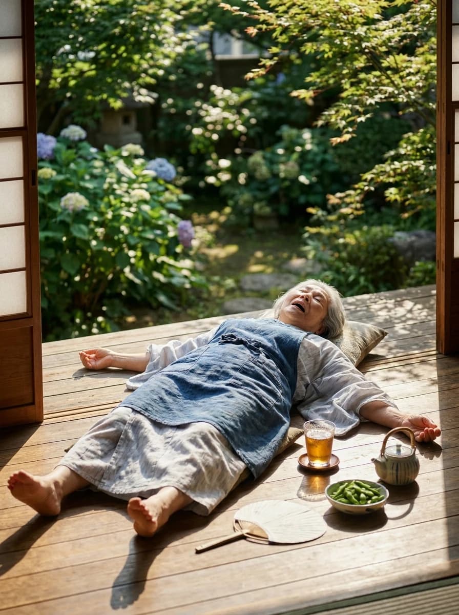 縁側で前掛けのおばあちゃんが眠るAI画像プロンプト作例