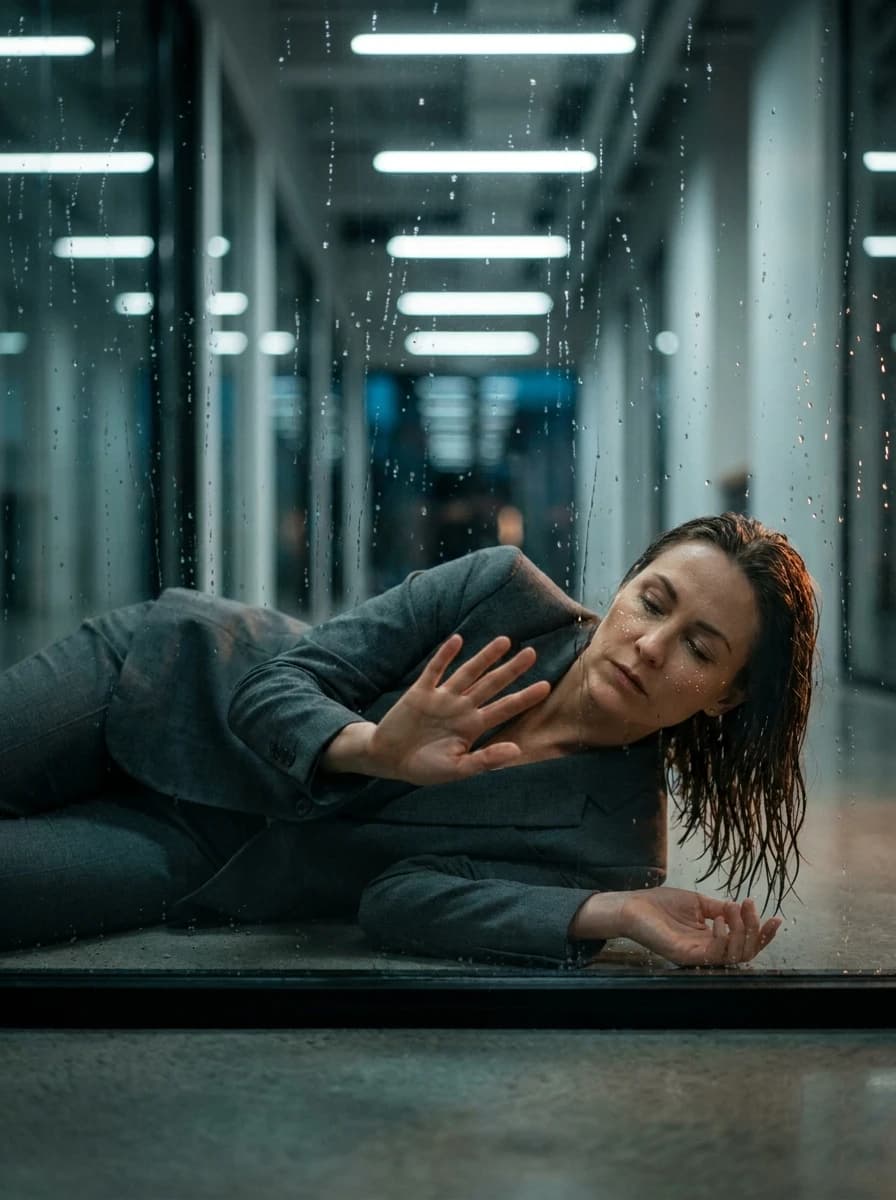 AI Image Prompt: Glass-Reflection Suit Woman Lying Down