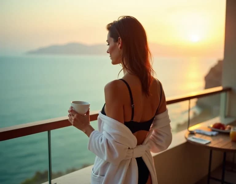 ホテルのバルコニーで朝日を浴びるローブ姿の女性AI画像プロンプト