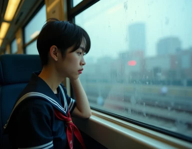 朝の電車の窓辺で通学する高校生のAI画像プロンプト作例