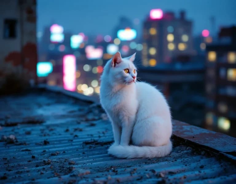 工場屋根に座る白猫のAI画像プロンプト作例【夜のネオン俯瞰】