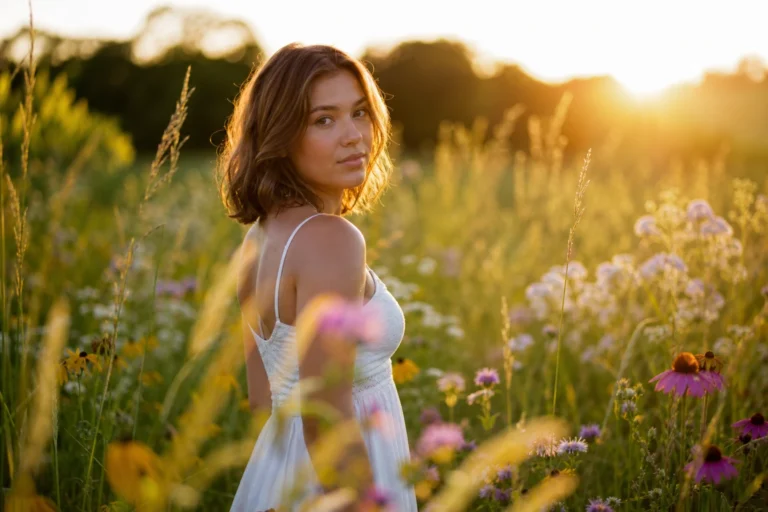 草むら越しの朝ポートレート｜ボケ前景AI生成プロンプト作例