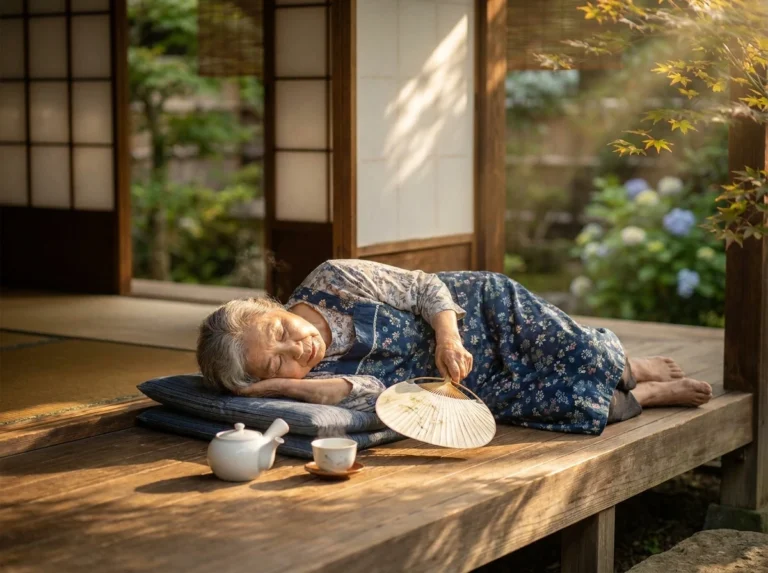 縁側で前掛けのおばあちゃんが昼寝するAI画像プロンプト