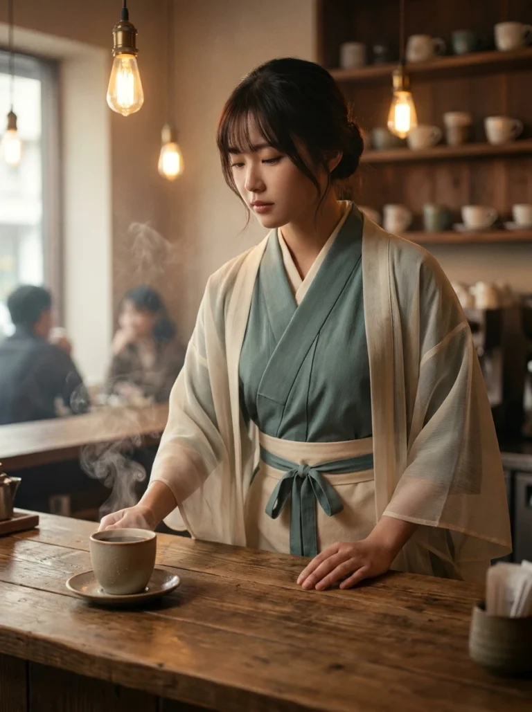羽衣をまとうカフェ店員のAI画像プロンプト作例