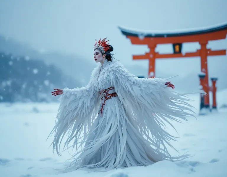 鶴の精霊が舞う雪原のAI画像プロンプト作例【朱色の鳥居】