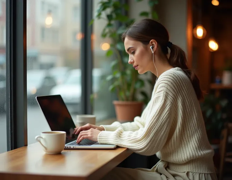 カフェの窓際でノートPCを開くノマドワーカーのAI画像プロンプト作例