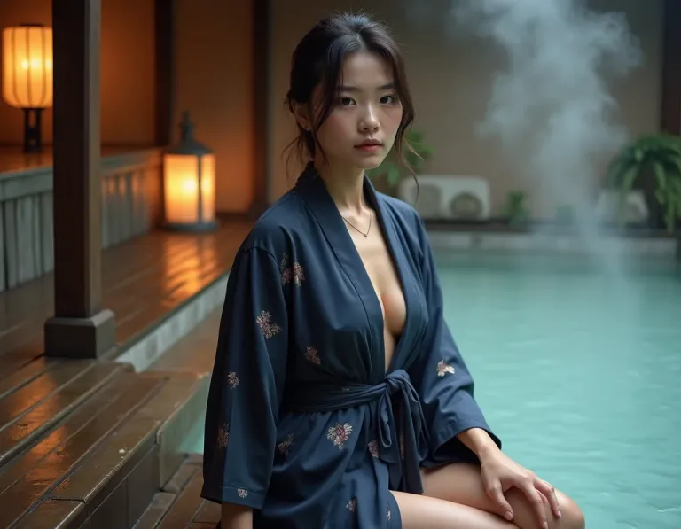 温泉旅館の浴衣女性と露天風呂のAI画像プロンプト作例