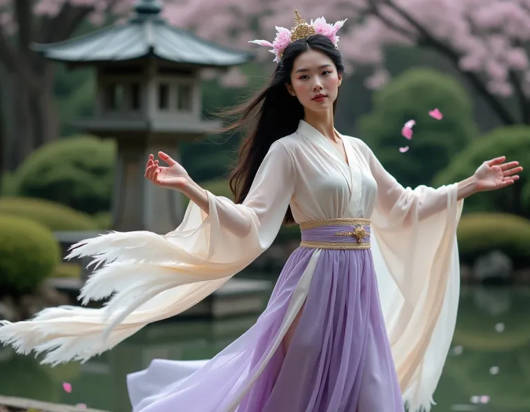 桜舞う日本庭園で舞う天女のAI画像プロンプト作例