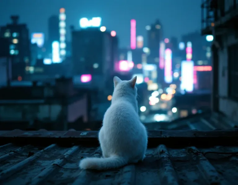 工場屋根に座る白猫のAI画像プロンプト作例【夜景の俯瞰】