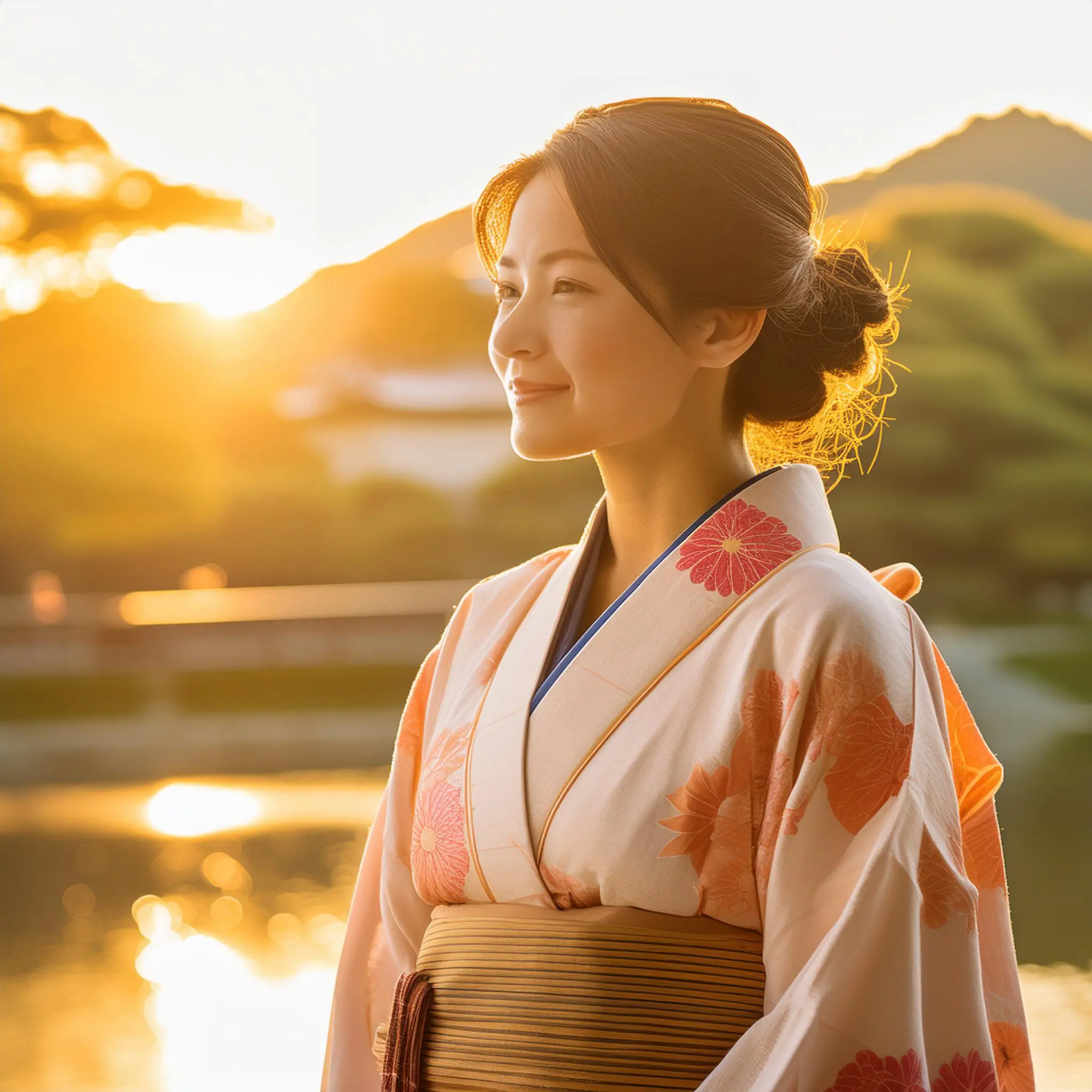 落ち着いた色味の着物を着た女性。京都。日本人。