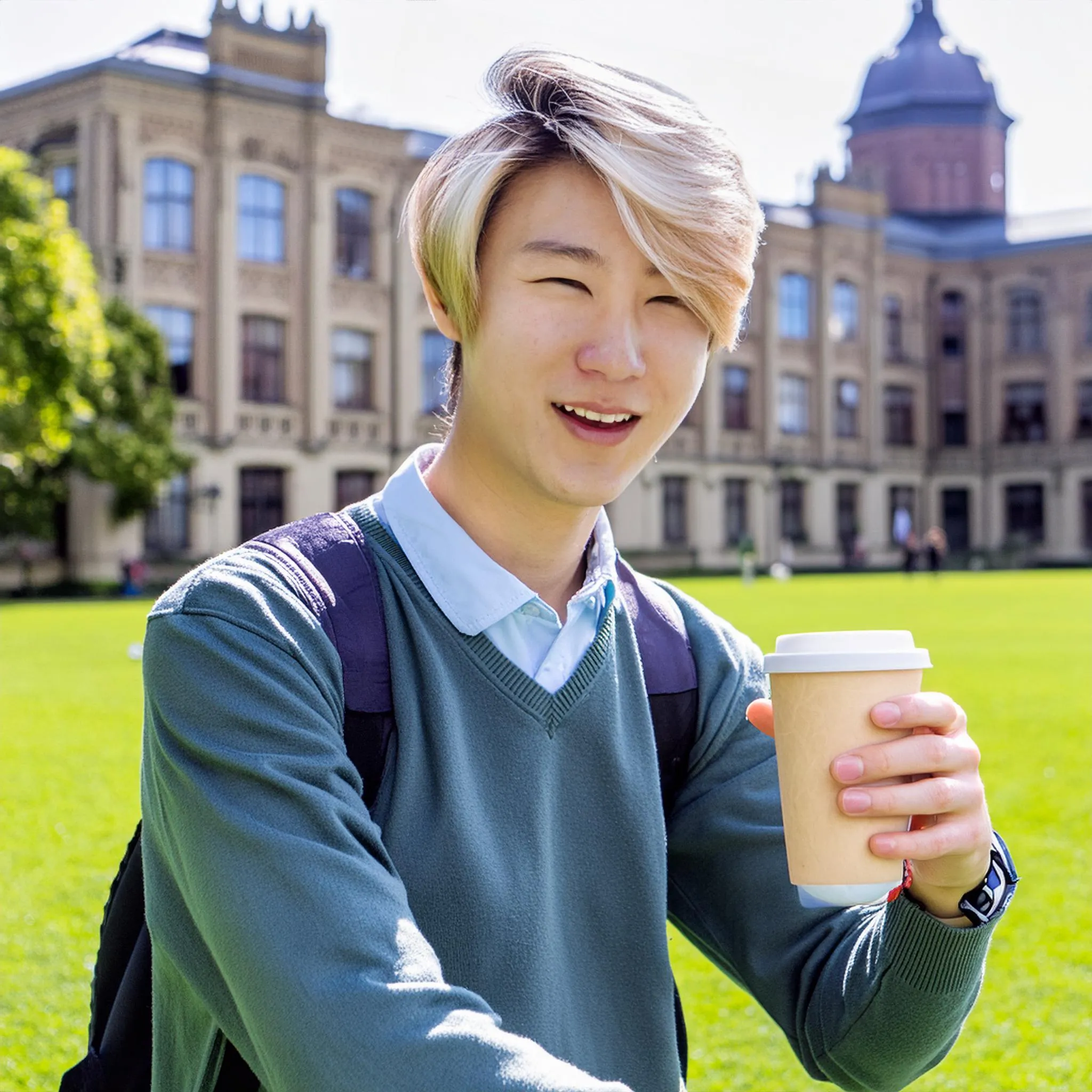 金髪。ミディアムヘア。大学生。おしゃれな男性がカフェオレを飲んでいる。笑顔。大学の芝生の上